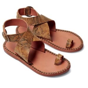BEEK Tan Reptile Print - studded ankle wrap flat sandals